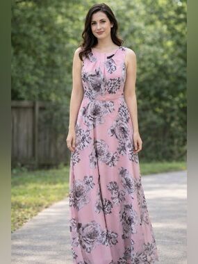 Chetta B Pink Maxi Dress with Gray Floral Print